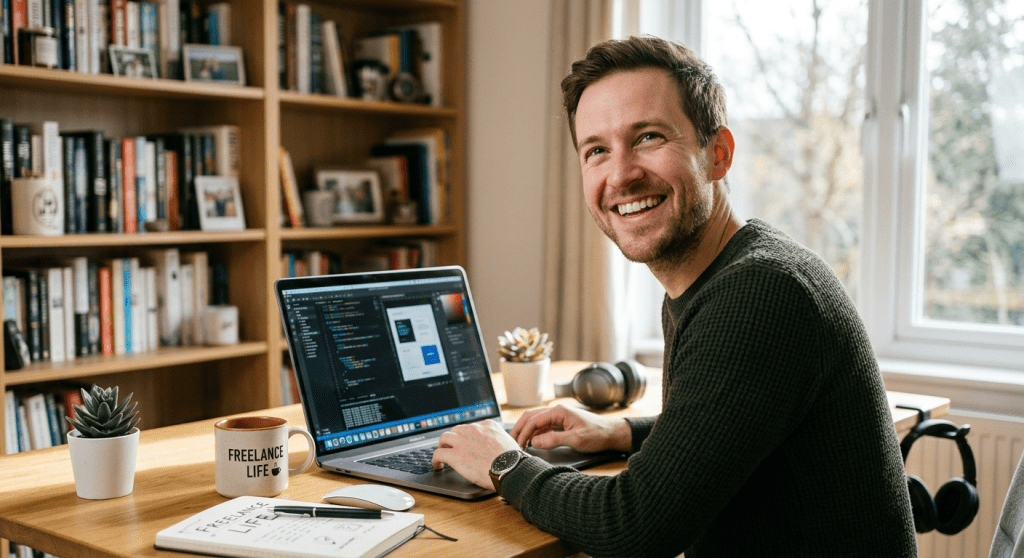 Man programming on laptop in home office with coffee mug labeled Freelance Life