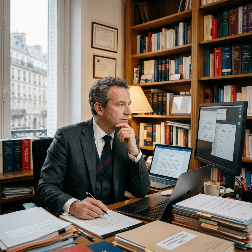 Lawyer in suit working at desk surrounded by legal books and documents with computer screens