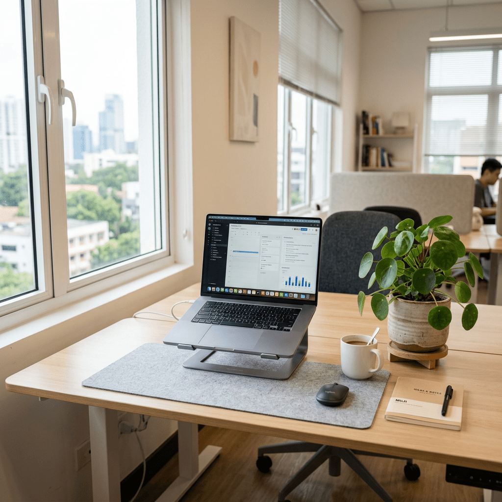 Laptop on a stand with graphs visible, plant, coffee cup, mouse, and notebook on a wooden desk by a window