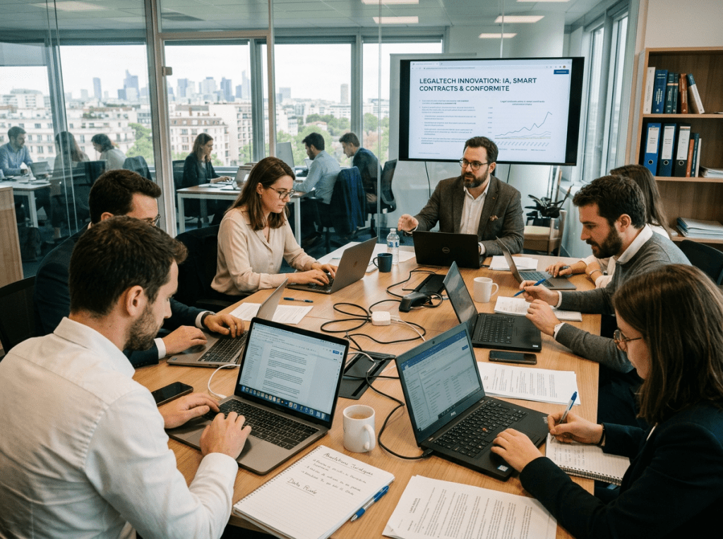 Business team sitting at a conference table with laptops, discussing legaltech innovation and smart contracts.