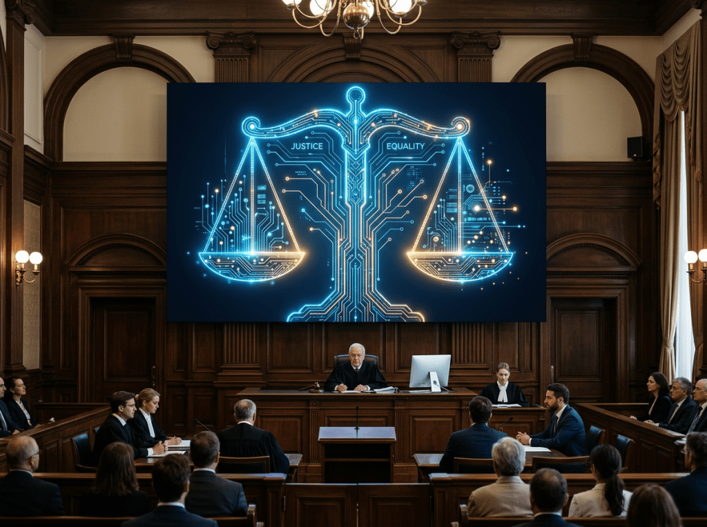 Courtroom with judge, lawyers, and a large digital scales of justice illustration showing justice and equality