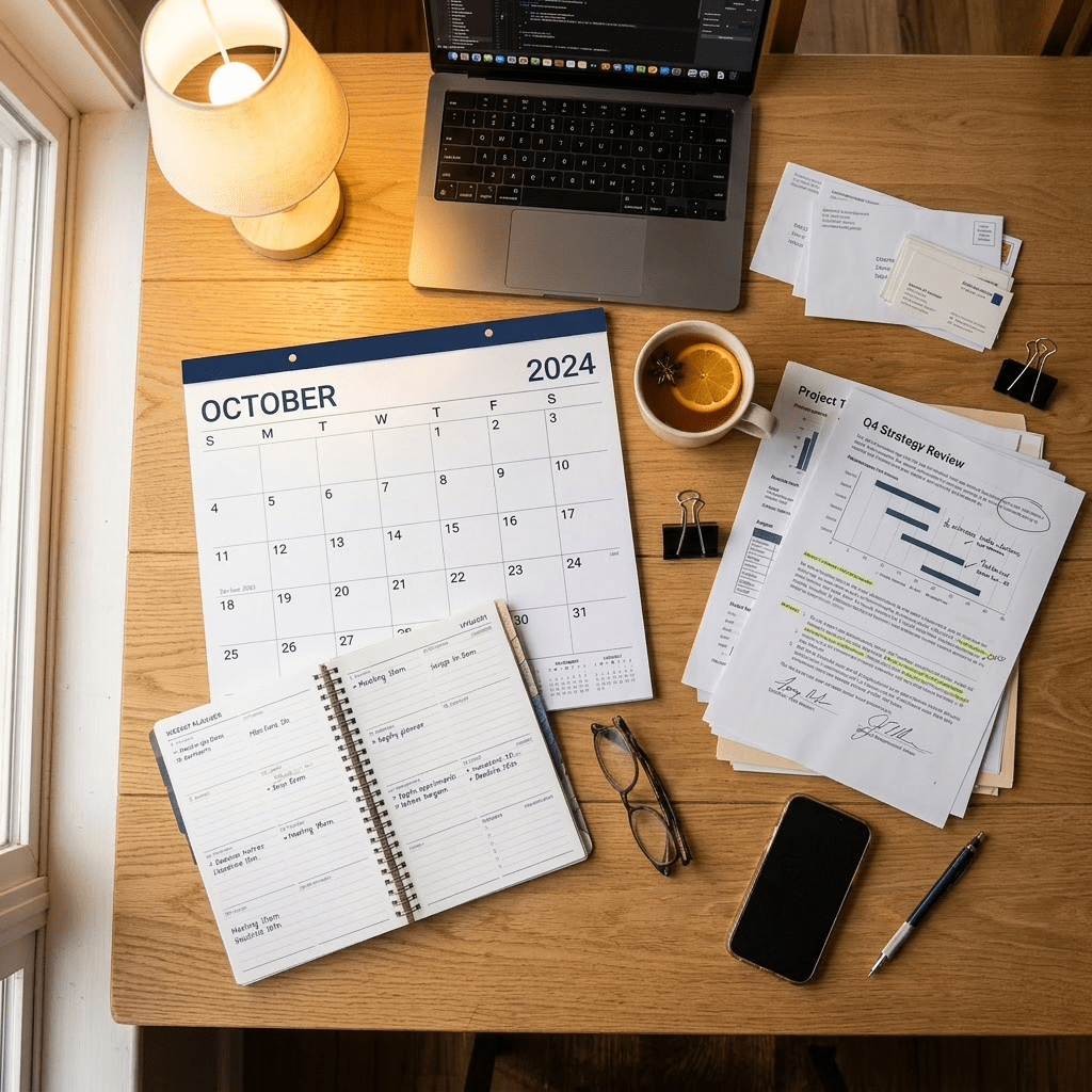 Desk with October 2024 calendar, planner, laptop, phone, documents, glasses, coffee with lemon slice, and pen
