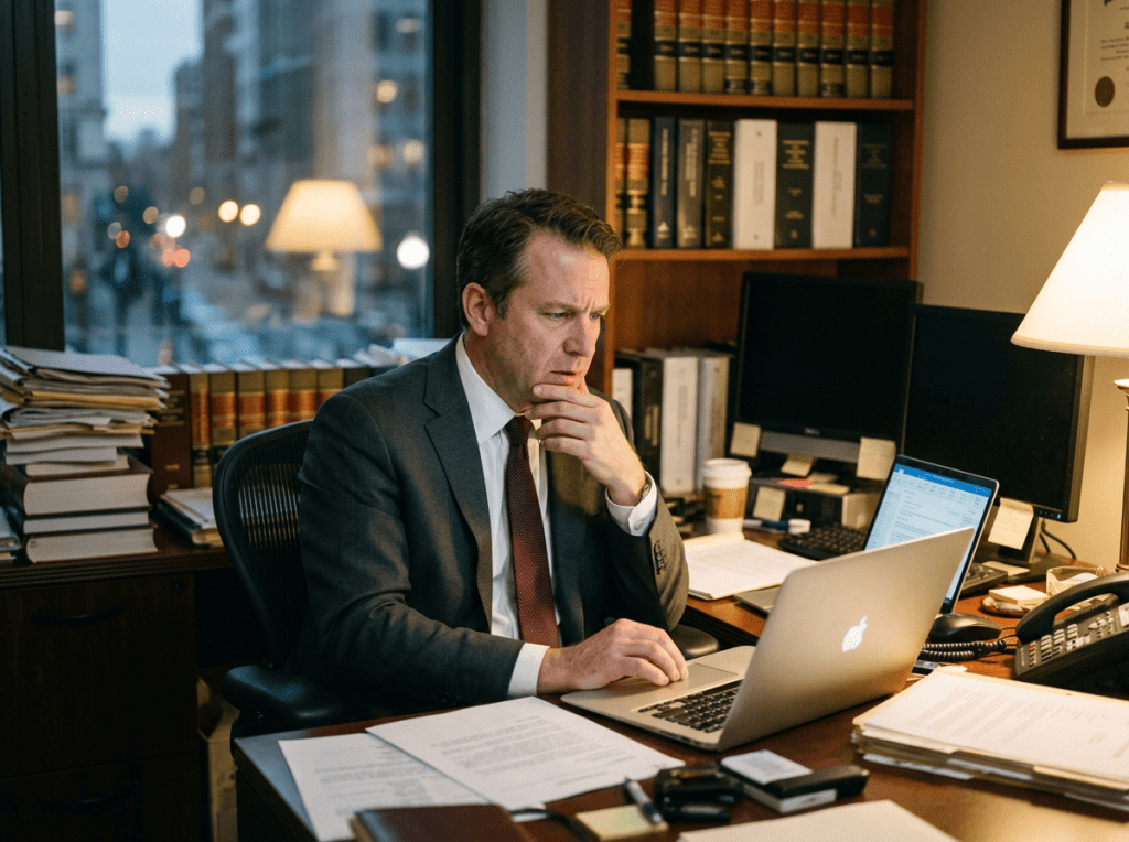 Man in suit working on laptop in office surrounded by papers and books